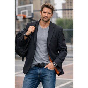 Caravelli 44R Navy Pinstripe Two-Button Suit Jacket Classic Fit Wool Blend